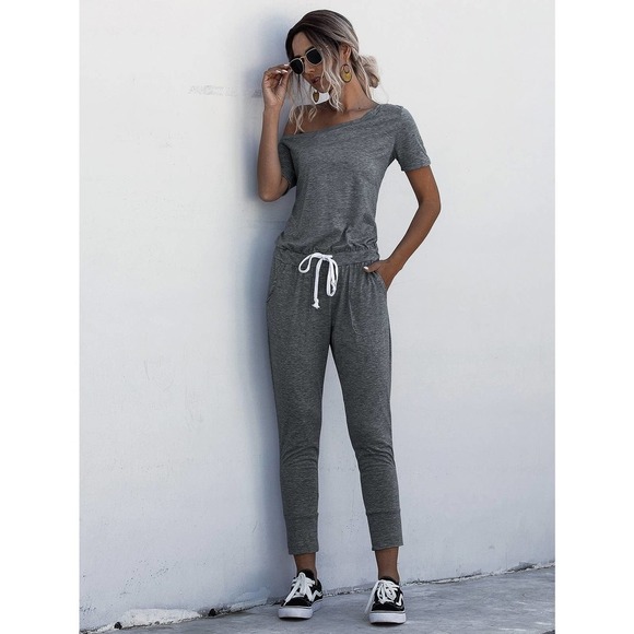 minimalist Asymmetrical Neck Drawstring Waist Slant Pocket Tee Jumpsuit - Picture 6 of 11